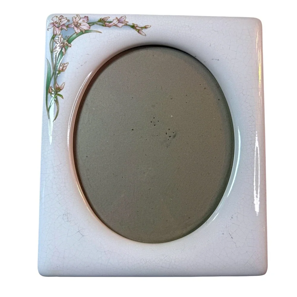 Vintage 70s Ceramic Floral Picture Frame Crackle Glaze White Pink Lily 8x10